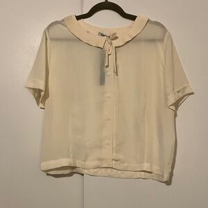 Tatyana Ingrid Short-Sleeve Button Front Blouse with Peter Pan Tie Collar